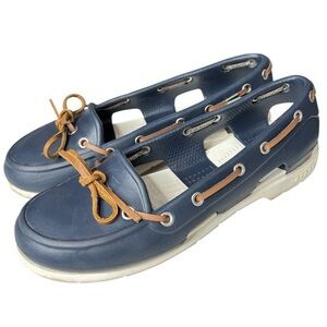 Crocs Womens Boat Shoes Sandals Loafers Size 6 Leather Laces Navy White Slip-on